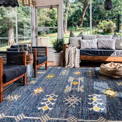 Blauw denim etnisch kilim vloerkleed
