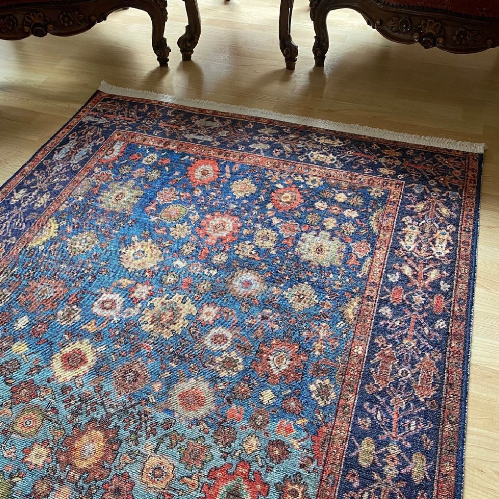 Blauw oosters kelim stijl wasbaar tapijt