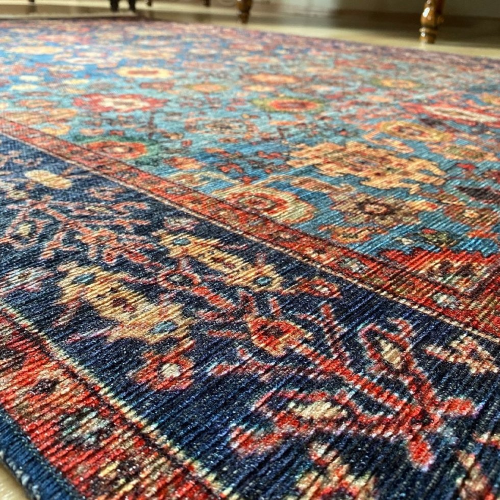 Blauw oosters kelim stijl wasbaar tapijt
