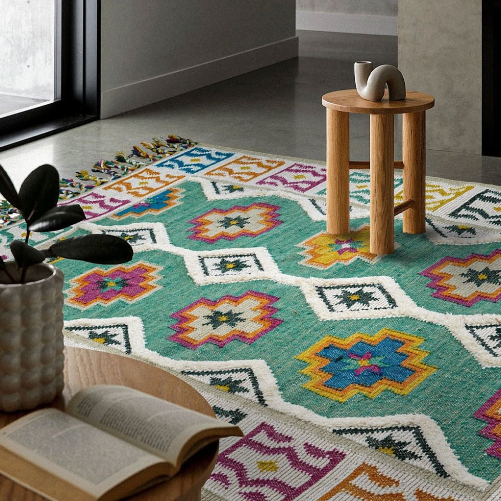 Groen helder kilim wollen vloerkleed