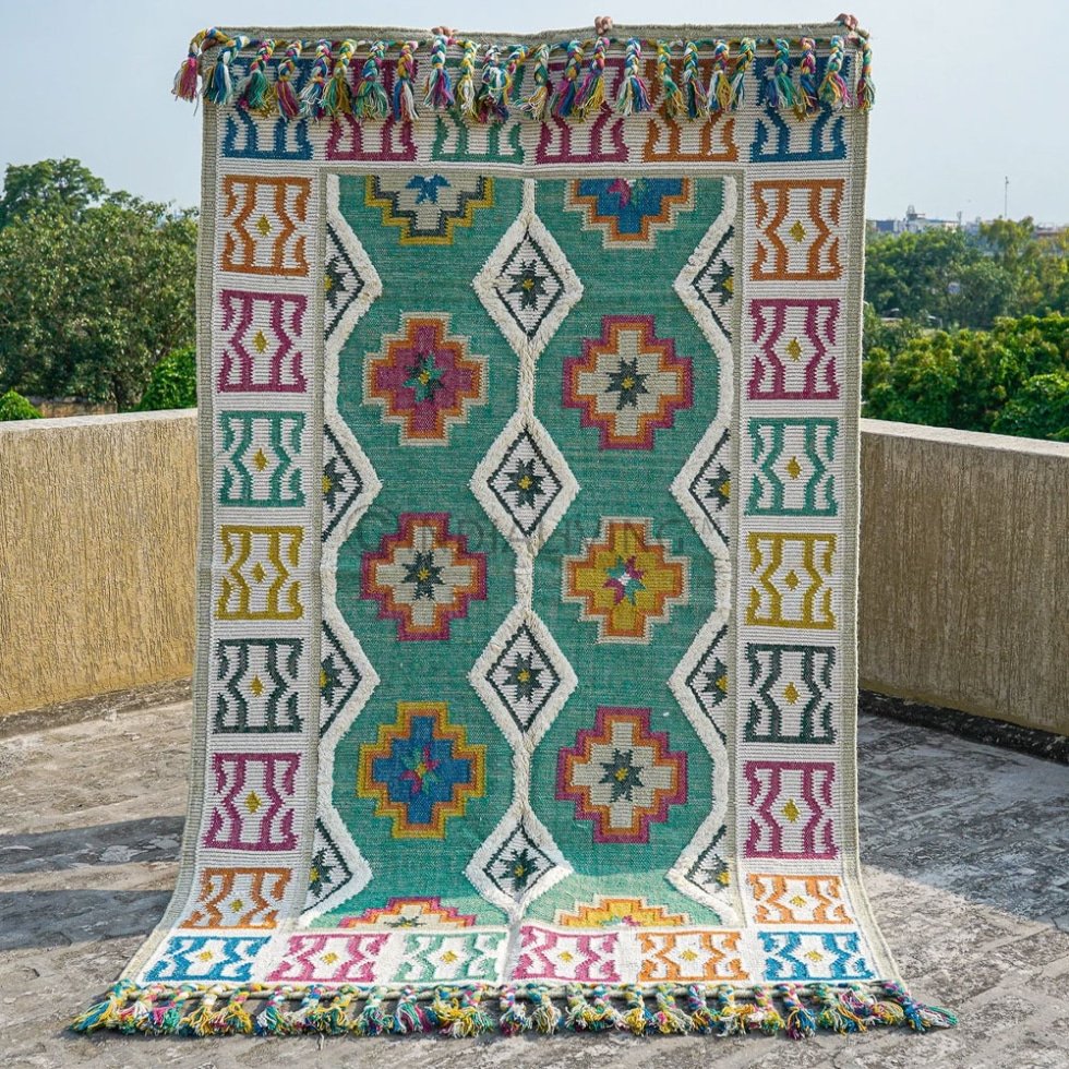 Groen helder kilim wollen vloerkleed