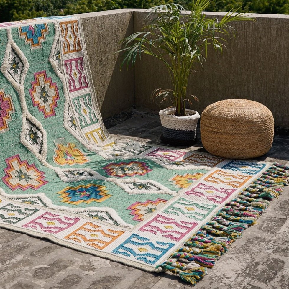 Groen helder kilim wollen vloerkleed