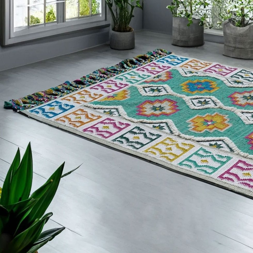 Groen helder kilim wollen vloerkleed