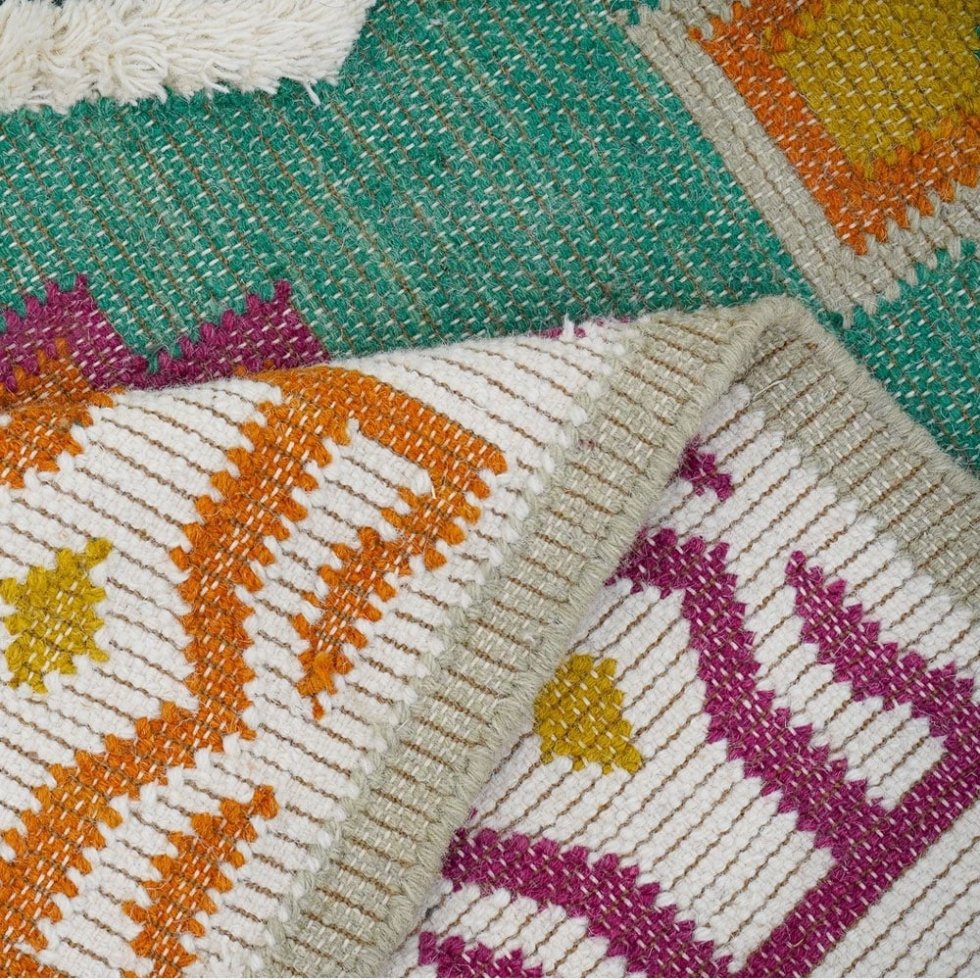 Groen helder kilim wollen vloerkleed