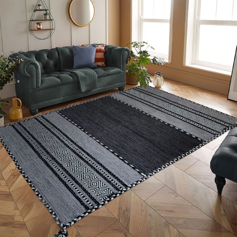Handgemaakt zwart modern kilim vloerkleed