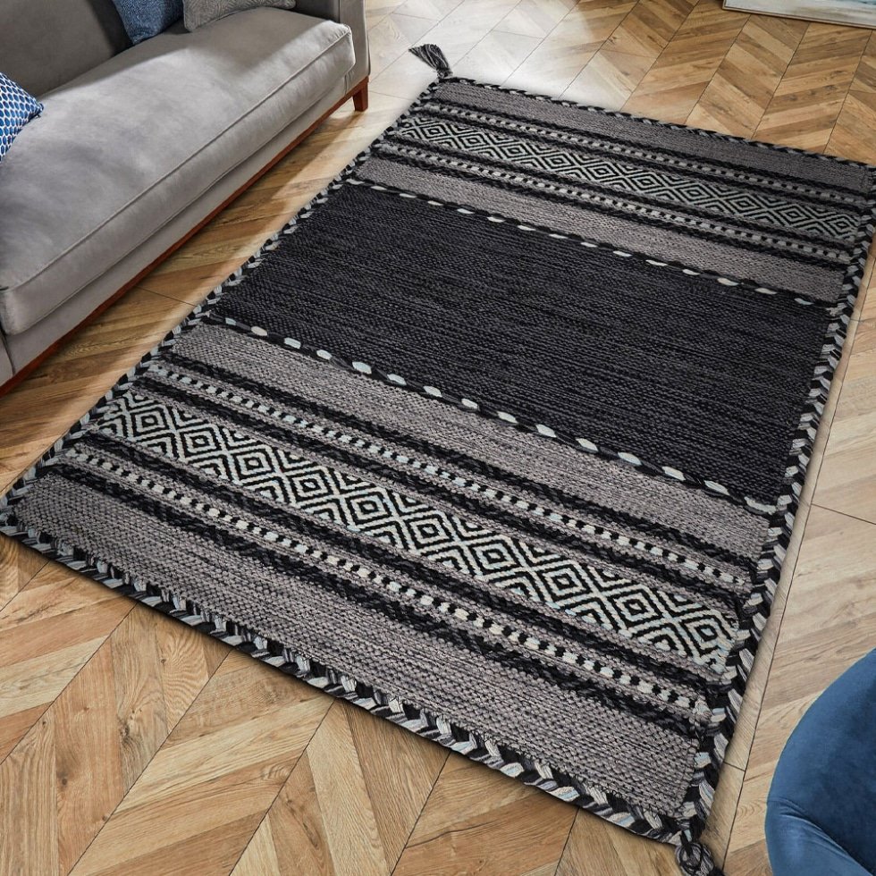 Handgemaakt zwart modern kilim vloerkleed