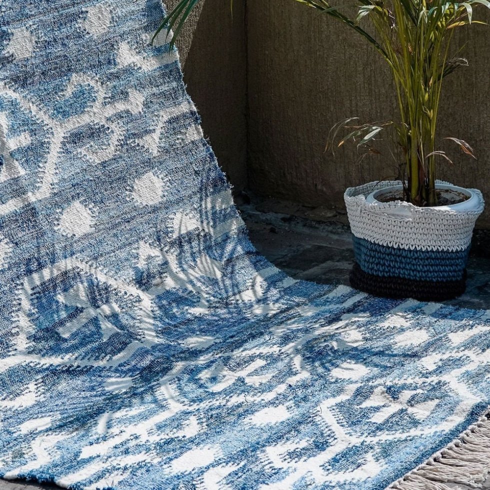 Handgemaakt klassiek patroon blauw kilim vloerkleed - Afbeelding 8