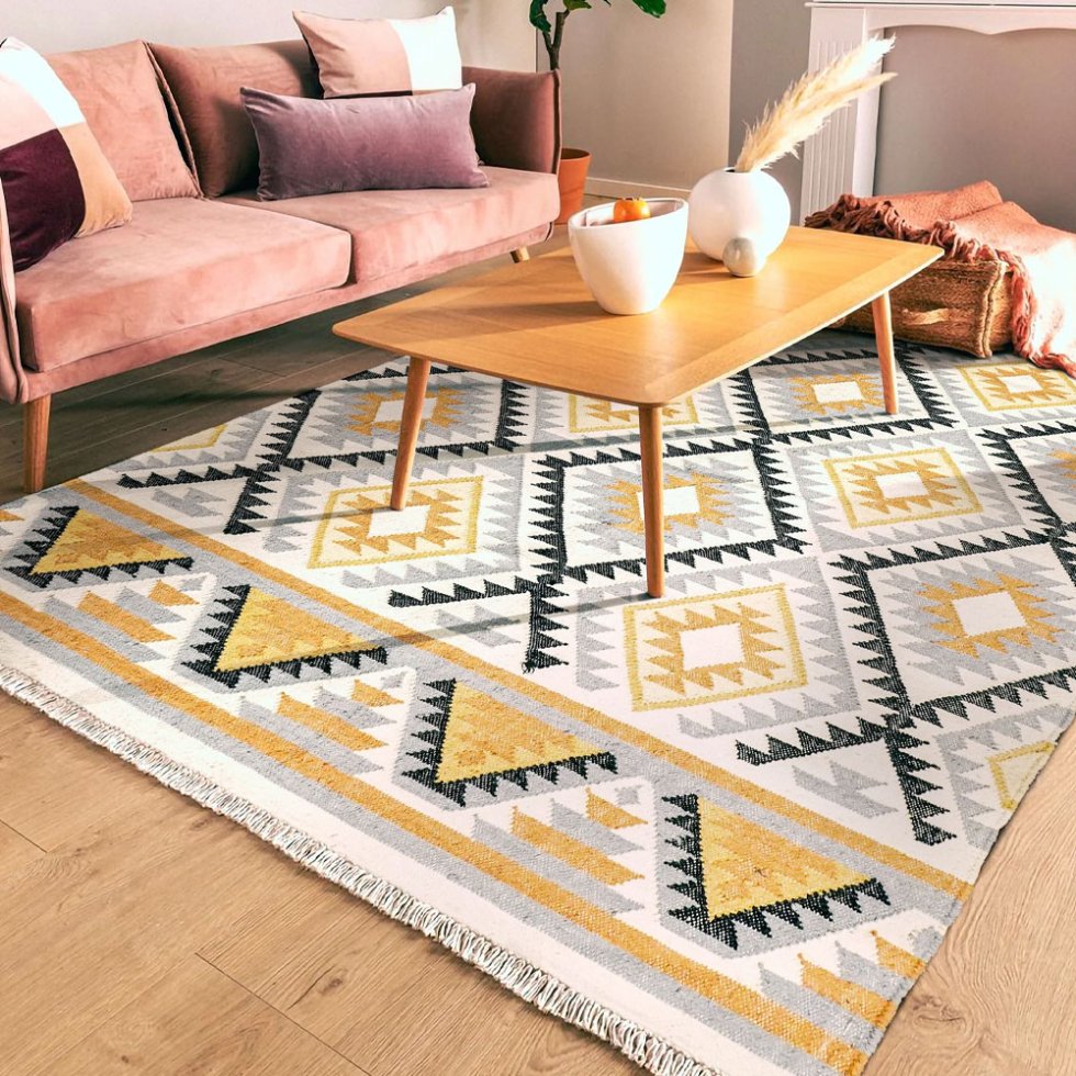 Handgeweven Bright Diamond indian kilim vloerkleed