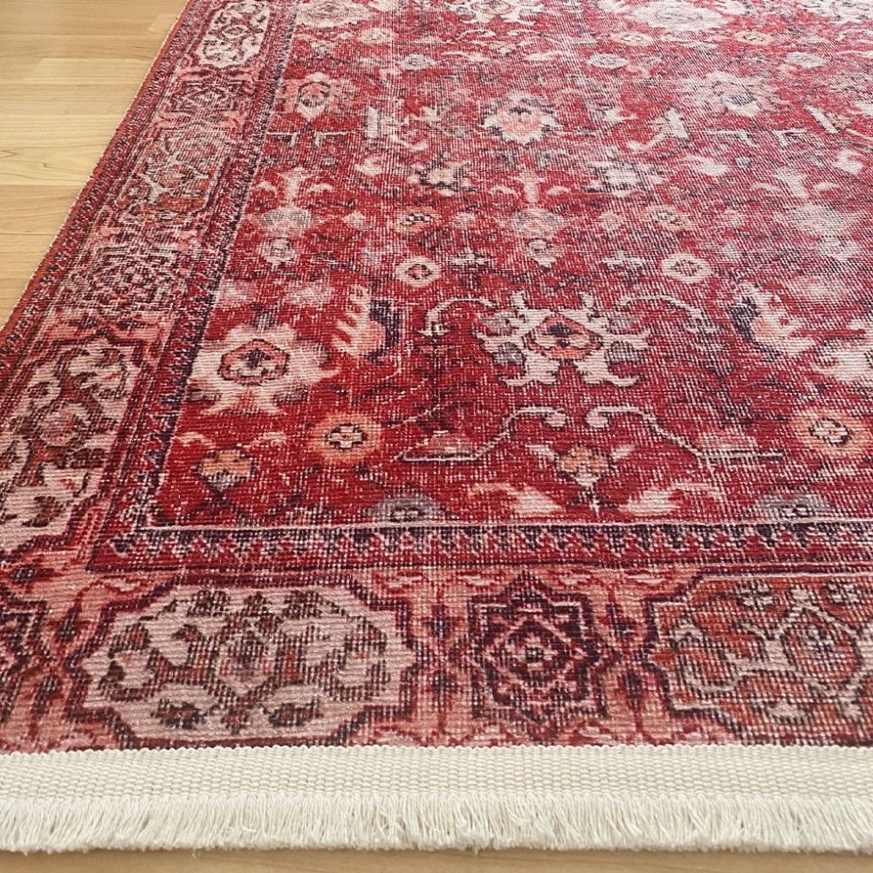 Rood Oushak Kelim Stijl Wasbaar Vloerkleed