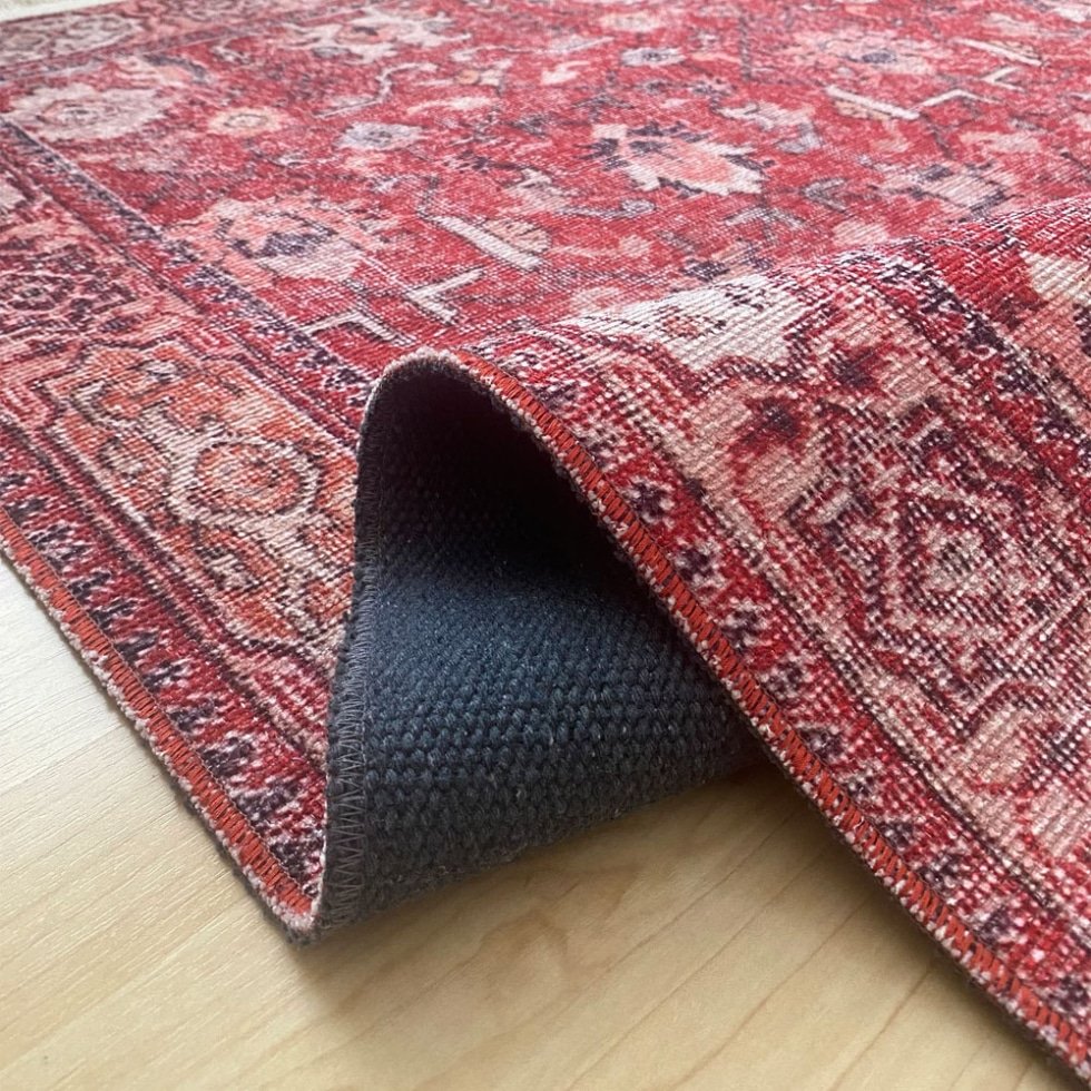 Rood Oushak Kelim Stijl Wasbaar Vloerkleed