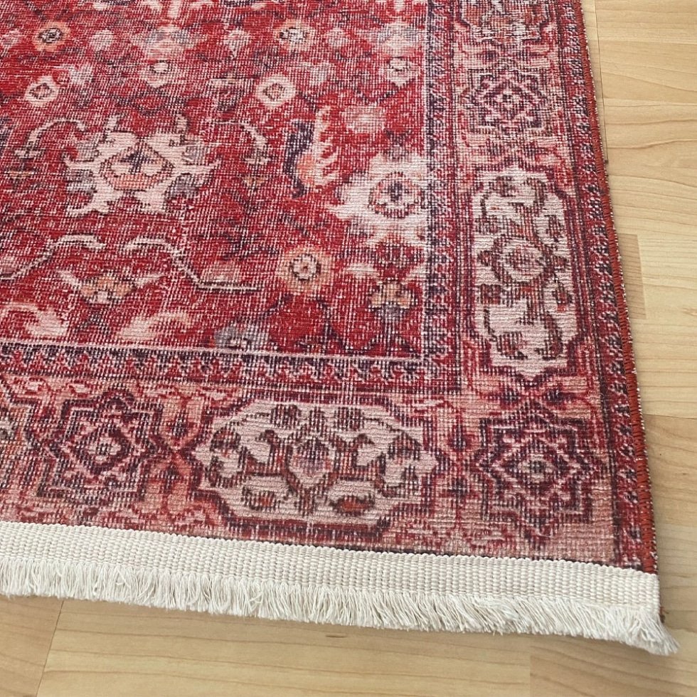 Rood Oushak Kelim Stijl Wasbaar Vloerkleed