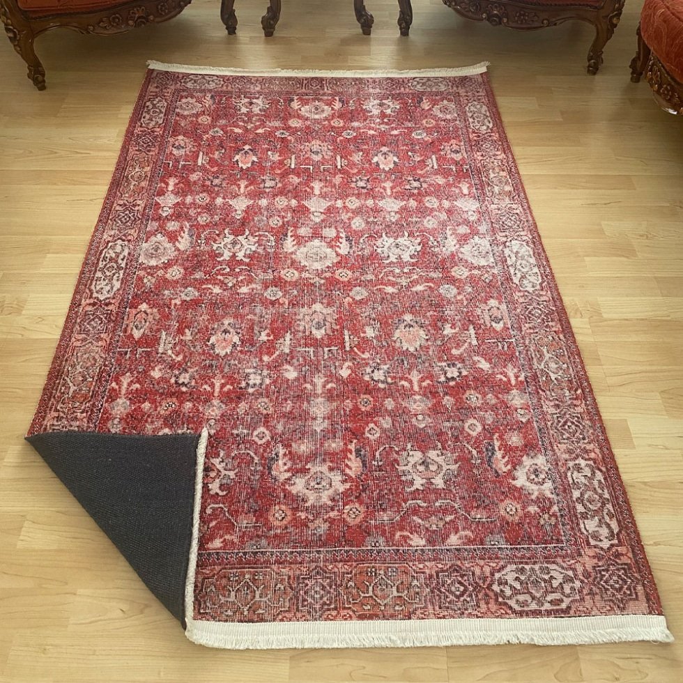 Rood Oushak Kelim Stijl Wasbaar Vloerkleed