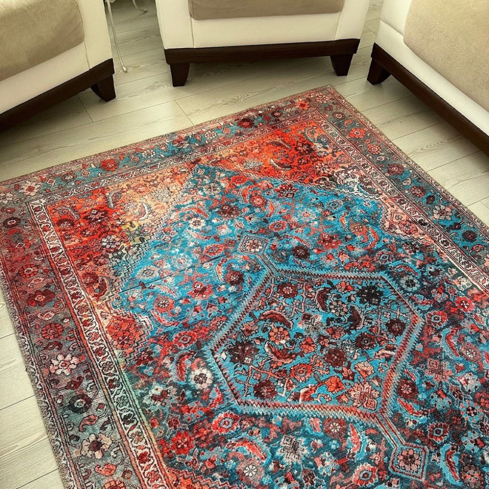 Rood en blauw vintage stijl bedrukt vloerkleed