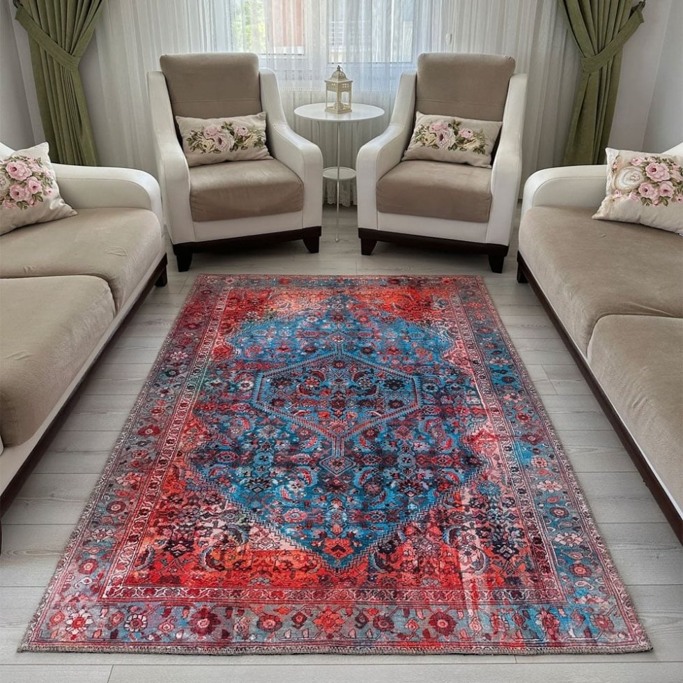 Rood en blauw vintage stijl bedrukt vloerkleed