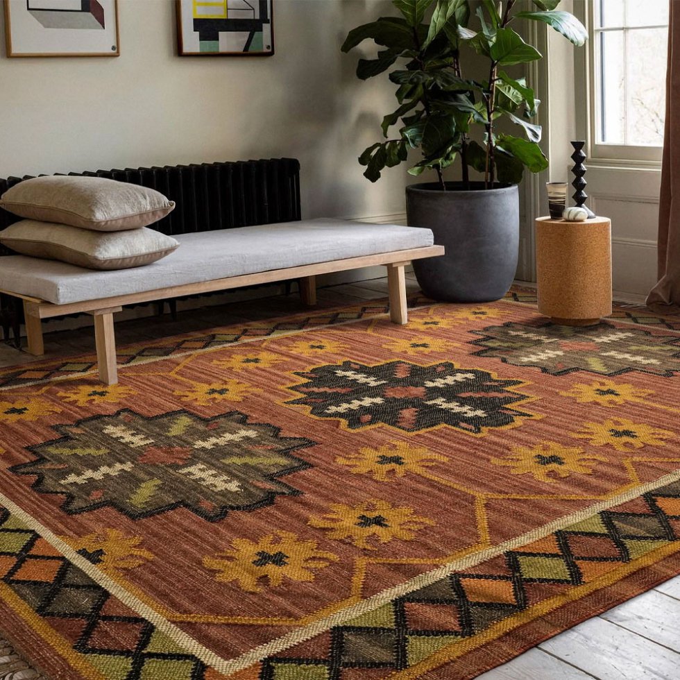 Tapis kelim rouge délavé de style navajo