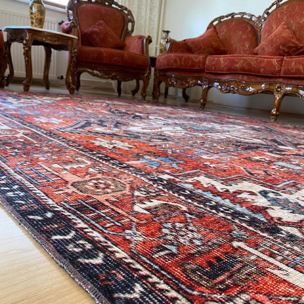 Vintage rood en blauw oosters vloerkleed