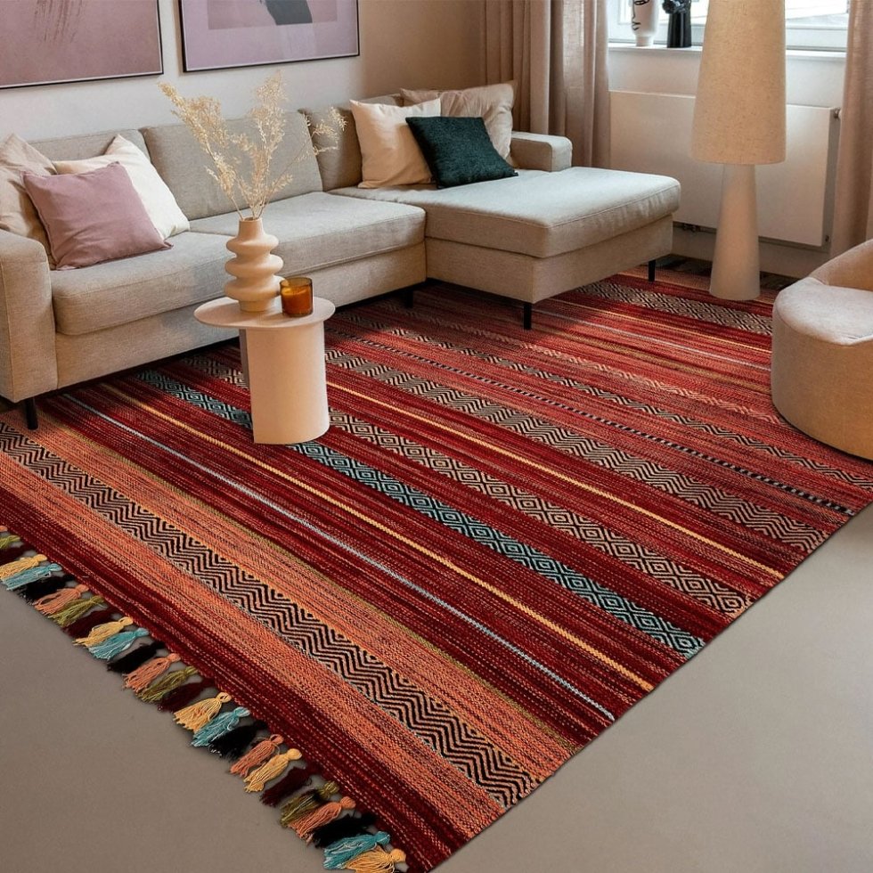 Vintage stijl rood gestreept kilim vloerkleed