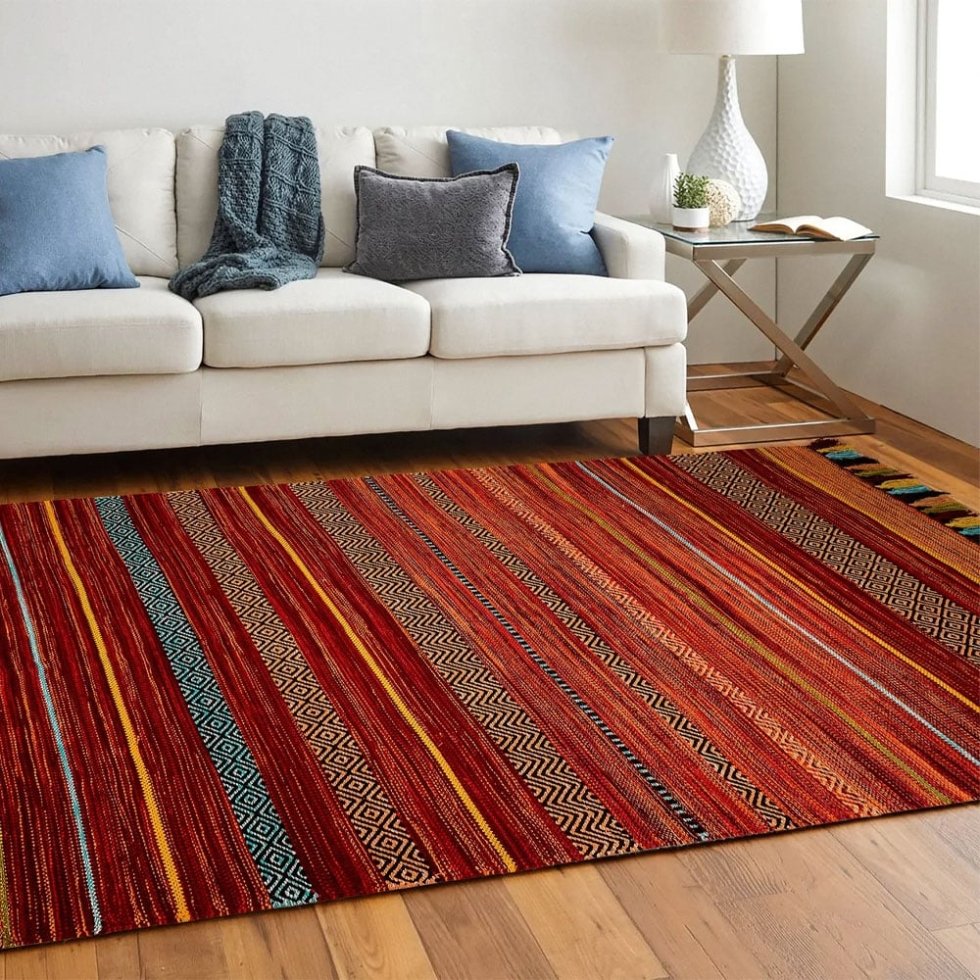 Vintage stijl rood gestreept kilim vloerkleed