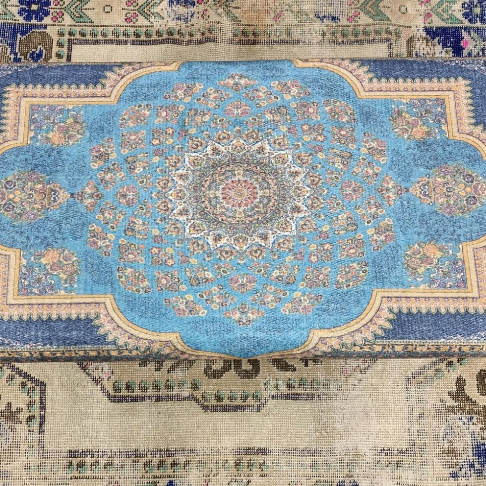 Blauwe Turkse kelim voetenbank salontafel met opbergruimte