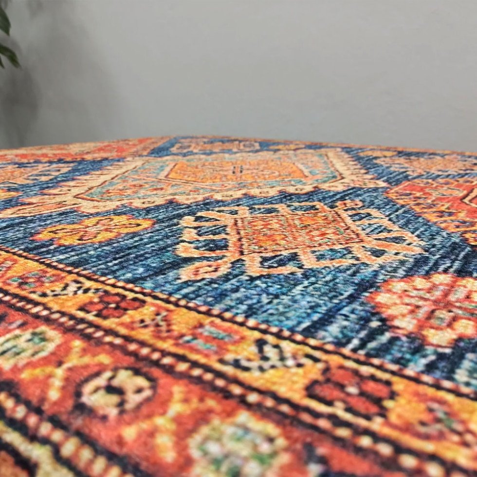 Blauw en beige Turkse kelim voetenbank salontafel