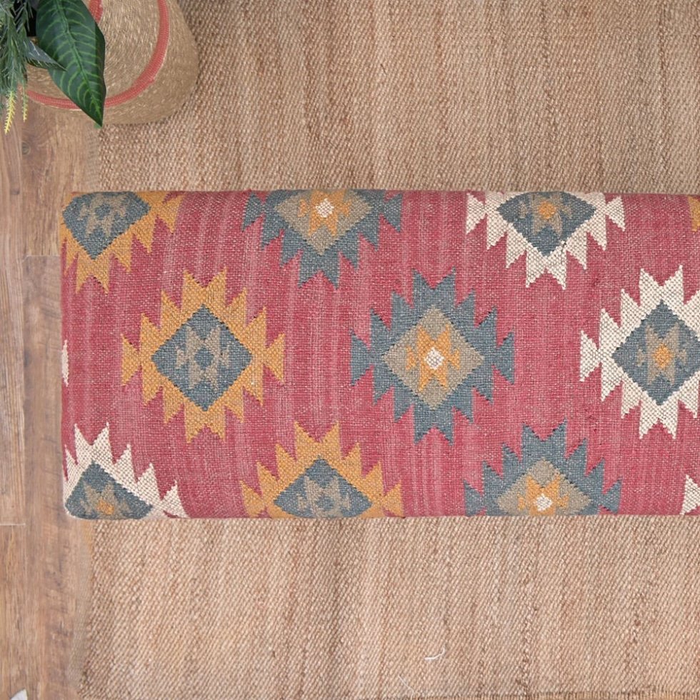Rode navajo wollen jute kelim voetenbank